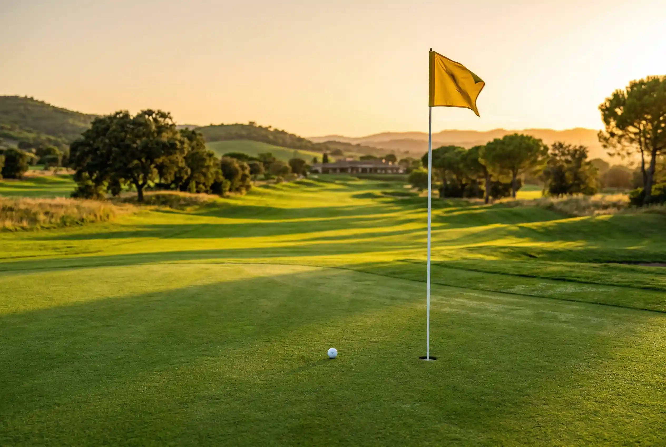 Campo de golf al atardecer con banderín en el hoyo — análisis casas de apuestas golf España